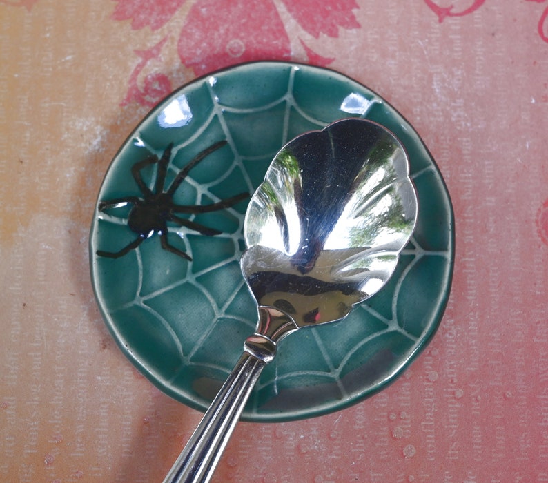 Spooky Halloween teaspoon rest. ORANGE spider web ring holder. Tea bag rest. Halloween decor. Trinket dish. Spooky tea light holder.