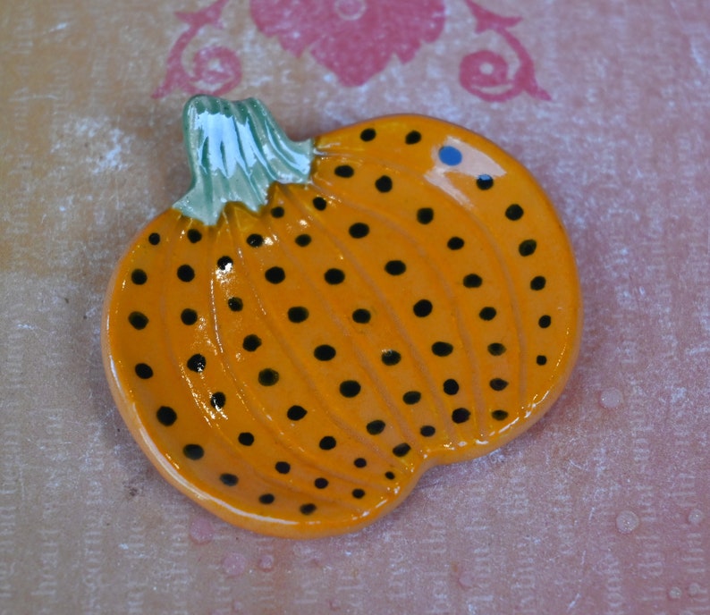 Pumpkin teaspoon rest. Ring holder. Polka dot pumpkin. Chopstick rest. Thanksgiving trinket dish. Pill holder. Tea light holder.