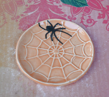 Spooky Halloween teaspoon rest. ORANGE spider web ring holder. Tea bag rest. Halloween decor. Trinket dish. Spooky tea light holder.