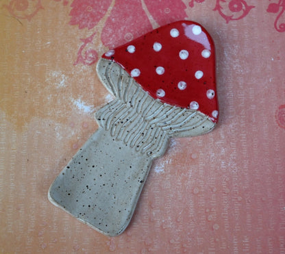 Mushroom teaspoon rest. Amanita mushroom tea bag rest. Mushroom trinket dish. Mushroom ring holder. Chopstick rest. Tea light holder