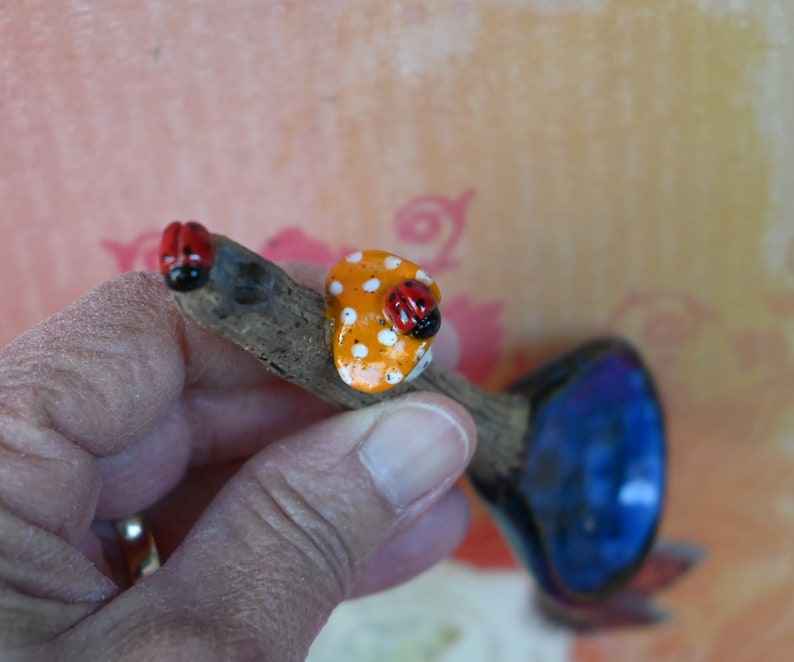 Ceramic spoon. Mushroom spoon. Ladybug spoon. Twig spoon. Wooden ceramic spoon. Whimsical wall art spoon. Pottery spoon. Wall art. Ladybugs