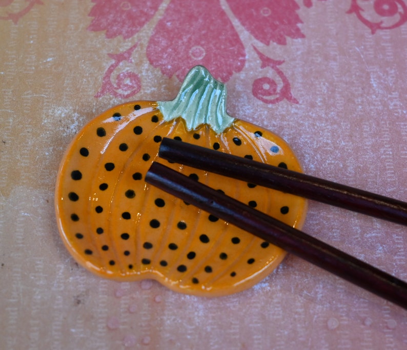 Pumpkin teaspoon rest. Ring holder. Polka dot pumpkin. Chopstick rest. Thanksgiving trinket dish. Pill holder. Tea light holder.