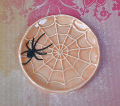 Spooky Halloween teaspoon rest. ORANGE spider web ring holder. Tea bag rest. Halloween decor. Trinket dish. Spooky tea light holder.