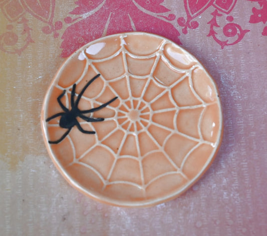 Spooky Halloween teaspoon rest. ORANGE spider web ring holder. Tea bag rest. Halloween decor. Trinket dish. Spooky tea light holder.