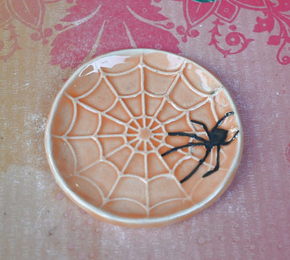 Spooky Halloween teaspoon rest. ORANGE spider web ring holder. Tea bag rest. Halloween decor. Trinket dish. Spooky tea light holder.