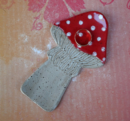 Mushroom teaspoon rest. Amanita mushroom tea bag rest. Mushroom trinket dish. Mushroom ring holder. Chopstick rest. Tea light holder