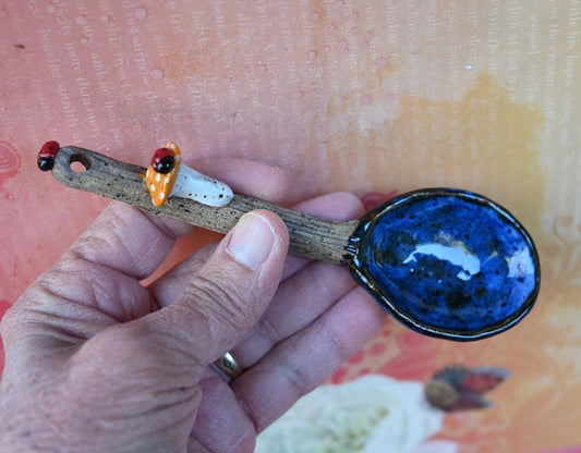 Ceramic spoon. Mushroom spoon. Ladybug spoon. Twig spoon. Wooden ceramic spoon. Whimsical wall art spoon. Pottery spoon. Wall art. Ladybugs