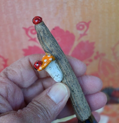Ceramic spoon. Mushroom spoon. Ladybug spoon. Twig spoon. Wooden ceramic spoon. Whimsical wall art spoon. Pottery spoon. Wall art. Ladybugs
