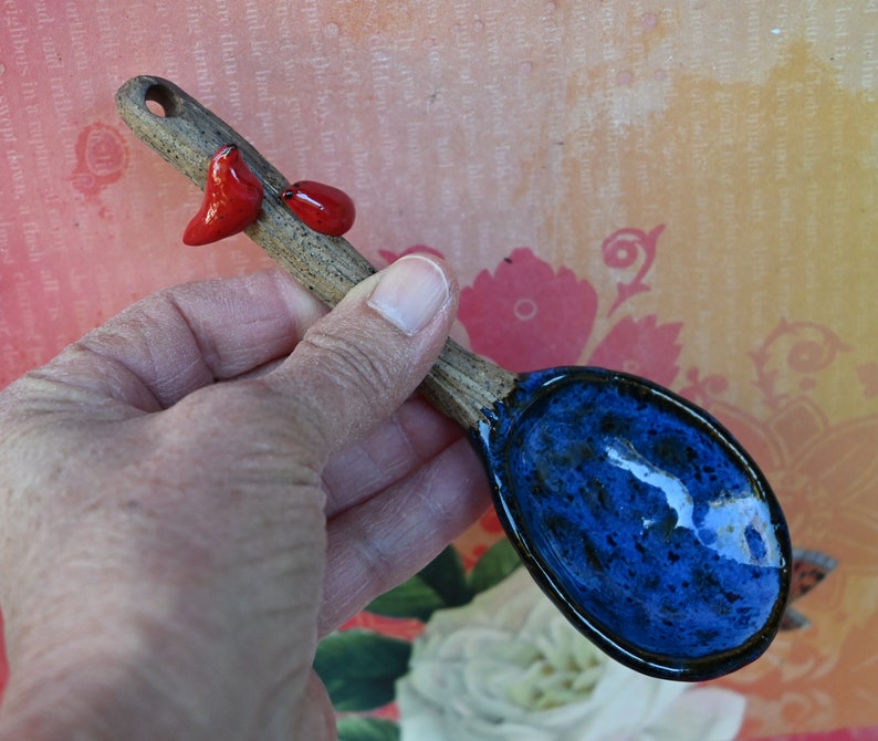 Red Cardinal ceramic spoon. Red Cardinal spoon. Twig spoon. Wooden ceramic spoon. Whimsical wall art spoon. Pottery spoon.