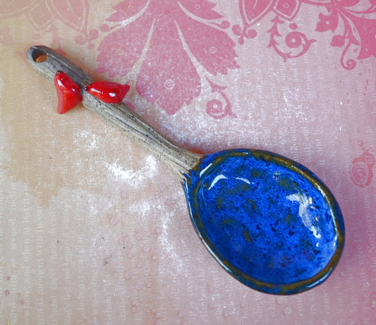 Red Cardinal ceramic spoon. Red Cardinal spoon. Twig spoon. Wooden ceramic spoon. Whimsical wall art spoon. Pottery spoon.