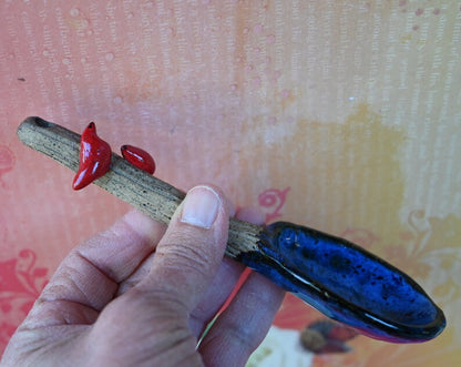 Red Cardinal ceramic spoon. Red Cardinal spoon. Twig spoon. Wooden ceramic spoon. Whimsical wall art spoon. Pottery spoon.