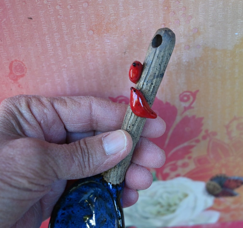 Red Cardinal ceramic spoon. Red Cardinal spoon. Twig spoon. Wooden ceramic spoon. Whimsical wall art spoon. Pottery spoon.
