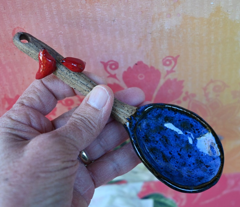 Red Cardinal ceramic spoon. Red Cardinal spoon. Twig spoon. Wooden ceramic spoon. Whimsical wall art spoon. Pottery spoon.
