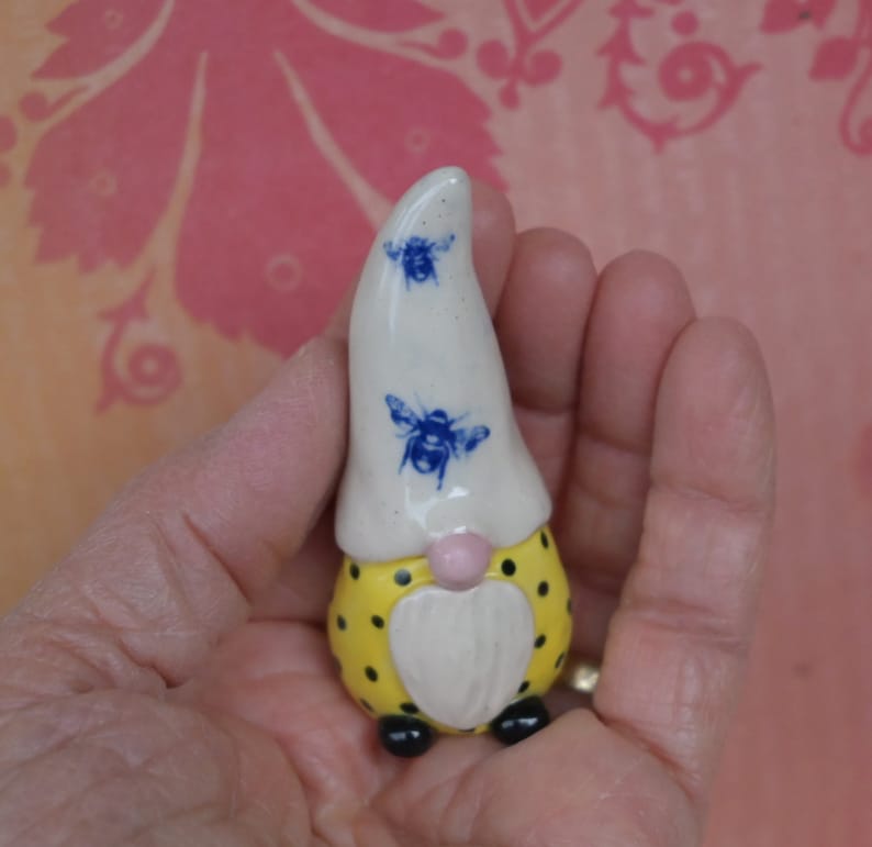 Miniature ceramic gnome with Bumble bees. Bee gnome. Fairy garden gnome decoration. Terrarium figurine. Pot decoration Ceramic planter gnome