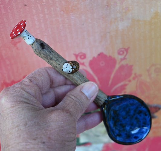 Ceramic Mushroom spoon. Hedgehog spoon. Twig spoon. Wooden bark pattern ceramic spoon. Whimsical wall art spoon. Pottery spoon.