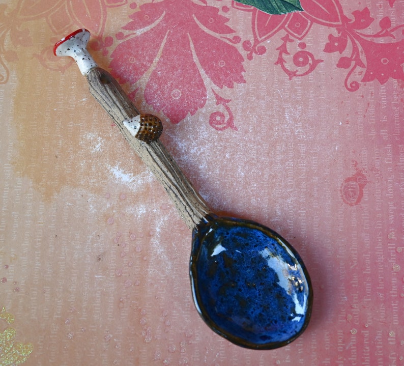 Ceramic Mushroom spoon. Hedgehog spoon. Twig spoon. Wooden bark pattern ceramic spoon. Whimsical wall art spoon. Pottery spoon.