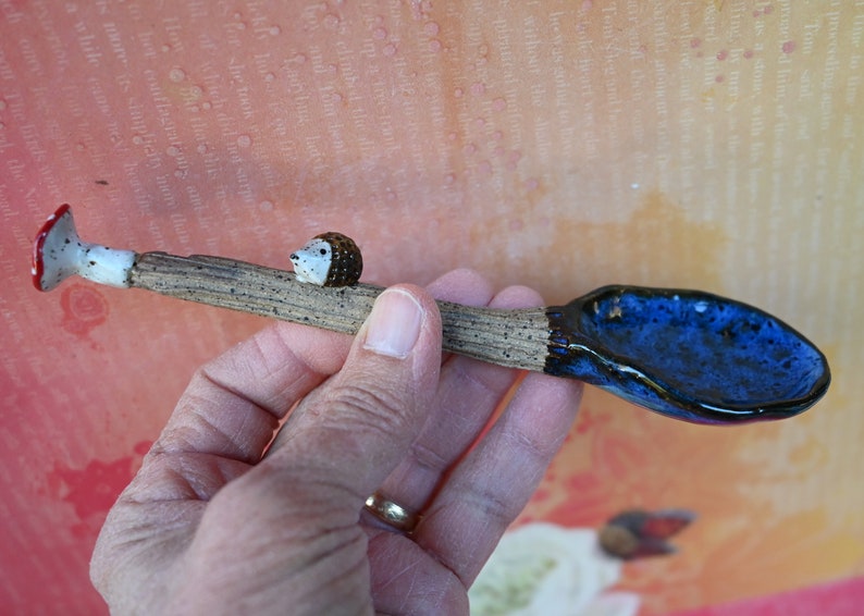 Ceramic Mushroom spoon. Hedgehog spoon. Twig spoon. Wooden bark pattern ceramic spoon. Whimsical wall art spoon. Pottery spoon.