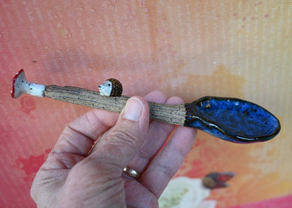 Ceramic Mushroom spoon. Hedgehog spoon. Twig spoon. Wooden bark pattern ceramic spoon. Whimsical wall art spoon. Pottery spoon.