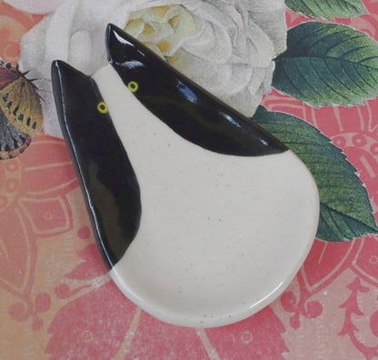 Tuxedo cat ring holder. Cat trinket dish. Teaspoon rest. Tea bag rest. Coffee spoon rest. Pill holder. Chop stick rest. Tea light holder