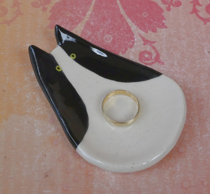 Tuxedo cat ring holder. Cat trinket dish. Teaspoon rest. Tea bag rest. Coffee spoon rest. Pill holder. Chop stick rest. Tea light holder