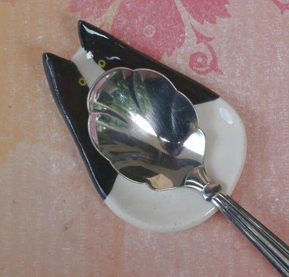 Tuxedo cat ring holder. Cat trinket dish. Teaspoon rest. Tea bag rest. Coffee spoon rest. Pill holder. Chop stick rest. Tea light holder