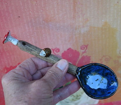 Ceramic Mushroom spoon. Hedgehog spoon. Twig spoon. Wooden bark pattern ceramic spoon. Whimsical wall art spoon. Pottery spoon.