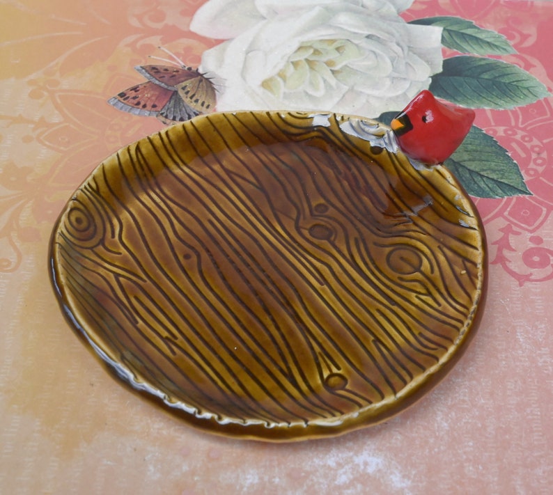 Red Cardinal spoon rest. Ring holder. Teaspoon rest. Tea bag rest. Coffee spoon rest. Woodland ring holder. Red Cardinal plate. Trinket dish