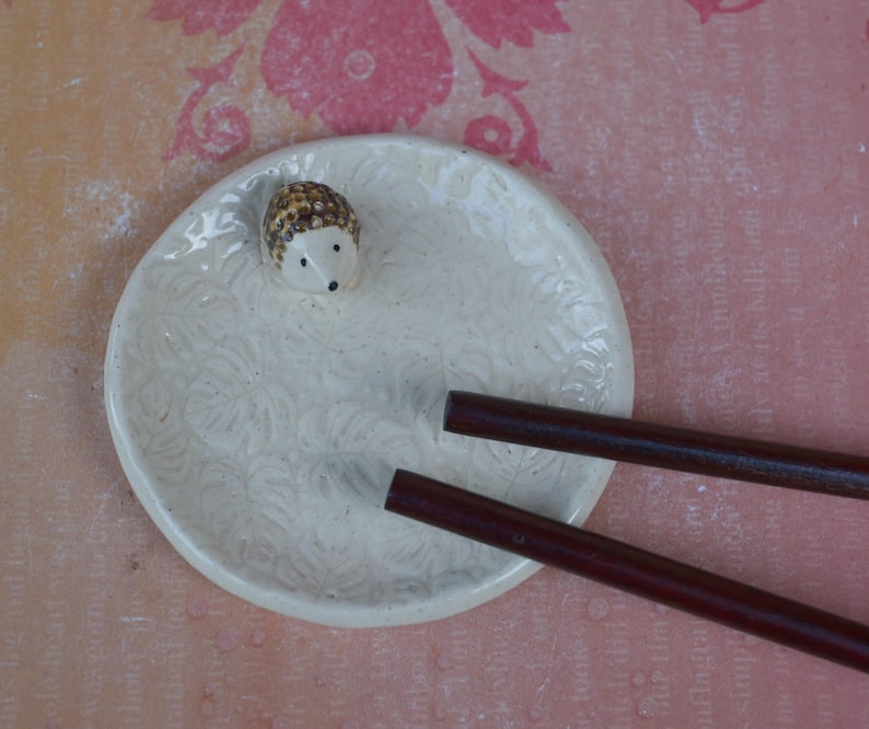 Hedgehog ring holder. Monstera Tea bag rest. Teaspoon rest. Coffee spoon rest. Ring holder. Trinket dish. Chopstick rest. Tea light holder.