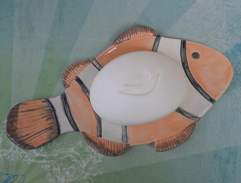 Clownfish spoon rest. Fish soap dish. Ceramic clownfish. Sunfish spatula rest. Soap holder. Jewelry holder. Tea bag rest. Fish spoon rest.