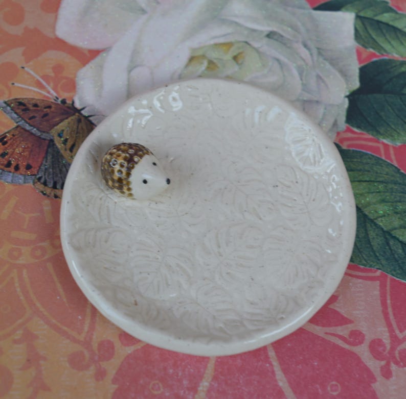 Hedgehog ring holder. Monstera Tea bag rest. Teaspoon rest. Coffee spoon rest. Ring holder. Trinket dish. Chopstick rest. Tea light holder.
