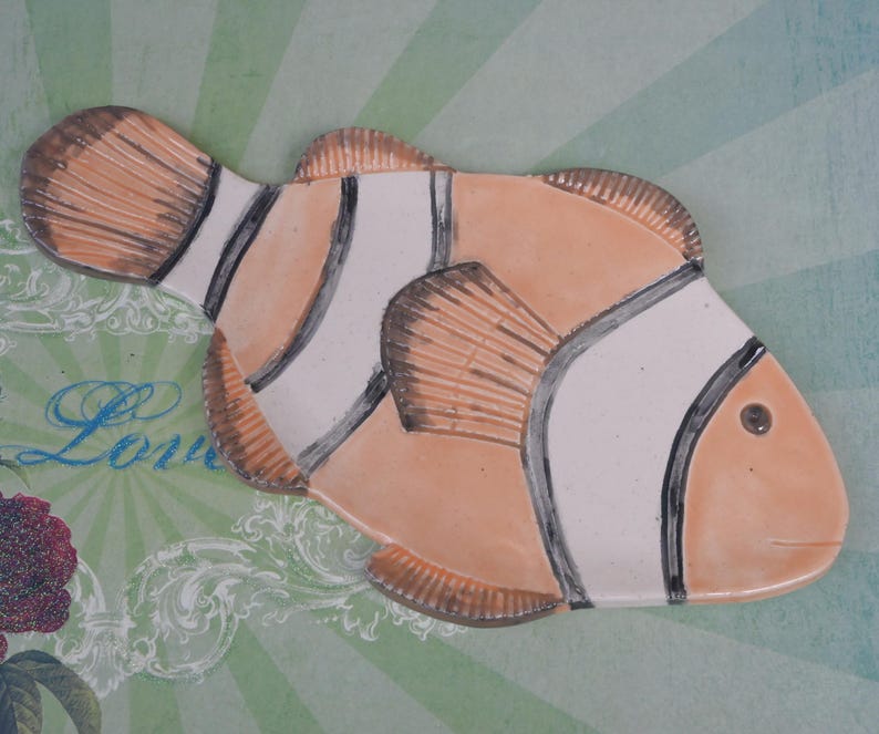 Clownfish spoon rest. Fish soap dish. Ceramic clownfish. Sunfish spatula rest. Soap holder. Jewelry holder. Tea bag rest. Fish spoon rest.