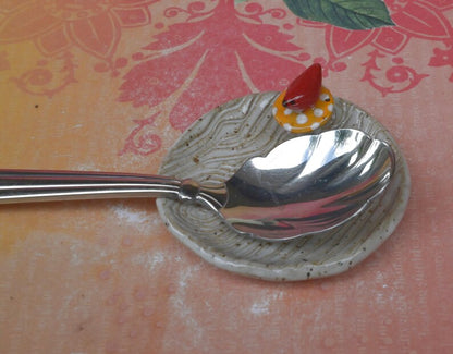 Red Cardinal teaspoon rest. Mushroom ring holder. Coffee spoon rest. Sushi chopstick rest. Pill holder. Trinket dish. Amanita mushroom