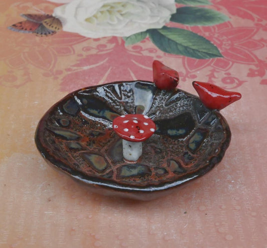 Red Cardinals and amanita mushroom ring holder. Whimsical ring bowl. Mushroom bowl