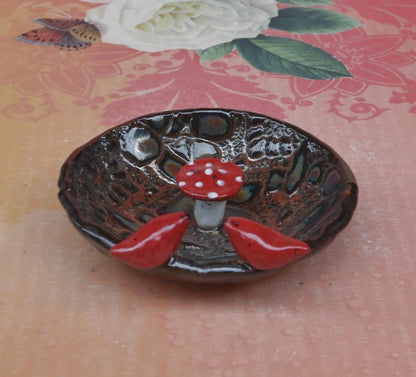 Red Cardinals and amanita mushroom ring holder. Whimsical ring bowl. Mushroom bowl