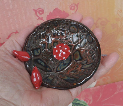 Red Cardinals and amanita mushroom ring holder. Whimsical ring bowl. Mushroom bowl
