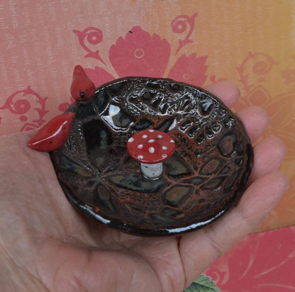 Red Cardinals and amanita mushroom ring holder. Whimsical ring bowl. Mushroom bowl