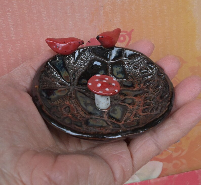 Red Cardinals and amanita mushroom ring holder. Whimsical ring bowl. Mushroom bowl