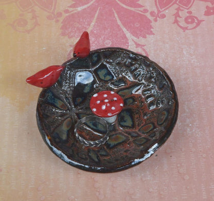 Red Cardinals and amanita mushroom ring holder. Whimsical ring bowl. Mushroom bowl