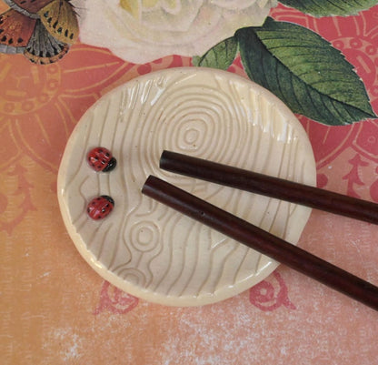 Ladybug ring holder. Tea bag rest. Teaspoon rest. Coffee spoon rest. Tea light holder. Trinket dish. Chopstick rest. Pill holder
