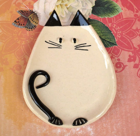 Siamese cat spoon rest. Soap holder. Jewelry holder. Cat plate. Cat ring holder. Trinket dish. Tea bag rest. Siamese cat ring dish