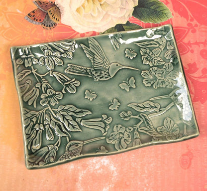 Hummingbird soap dish. Hummingbird spoon rest. Bird dish. Botanical jewelry holder. Tea bag holder. Tea light holder. Trinket dish