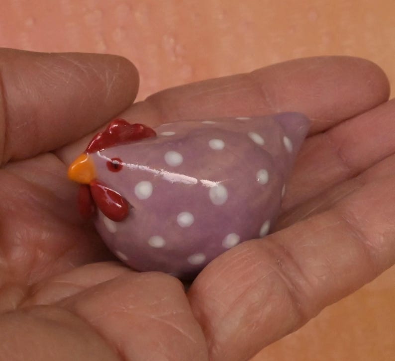 Ceramic chicken figurine. Purple chicken. Miniature polka dot chicken sculpture. Hand sculpted hand painted chicken. Terrarium figurine.