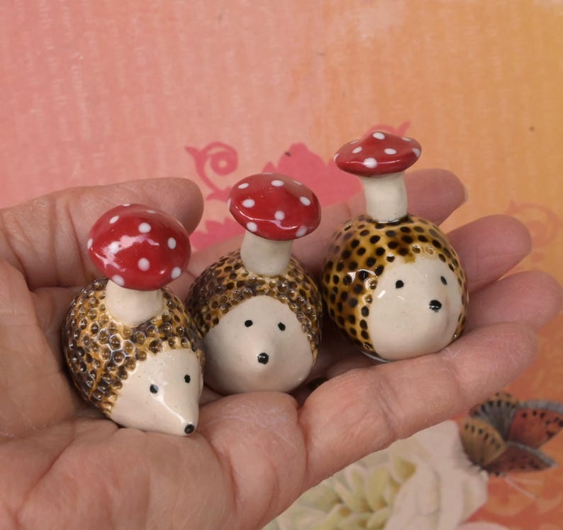 Hedgehog figurine with mushroom. ONE Miniature hedgehog with amanita mushroom. Terrarium figurine. Fairy garden decoration. Mini Hedgehog