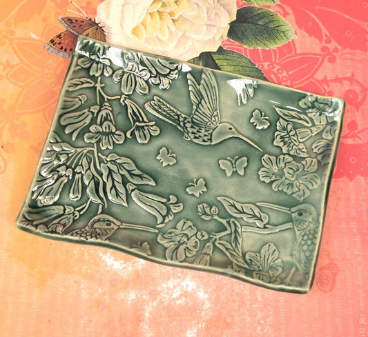 Hummingbird soap dish. Hummingbird spoon rest. Bird dish. Botanical jewelry holder. Tea bag holder. Tea light holder. Trinket dish