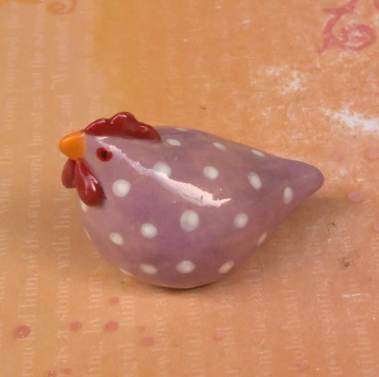 Ceramic chicken figurine. Purple chicken. Miniature polka dot chicken sculpture. Hand sculpted hand painted chicken. Terrarium figurine.