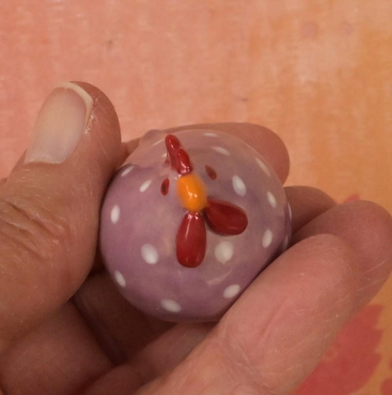 Ceramic chicken figurine. Purple chicken. Miniature polka dot chicken sculpture. Hand sculpted hand painted chicken. Terrarium figurine.