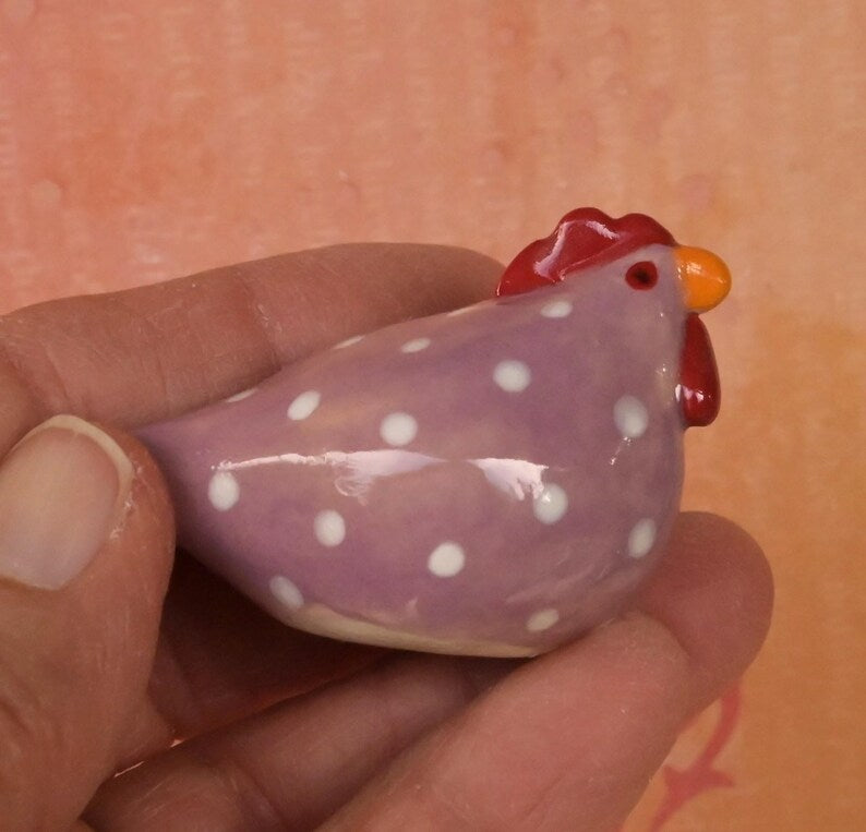 Ceramic chicken figurine. Purple chicken. Miniature polka dot chicken sculpture. Hand sculpted hand painted chicken. Terrarium figurine.