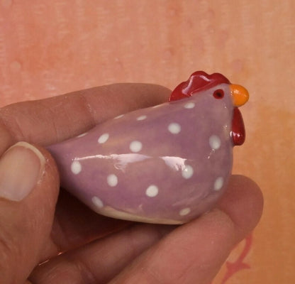 Ceramic chicken figurine. Purple chicken. Miniature polka dot chicken sculpture. Hand sculpted hand painted chicken. Terrarium figurine.